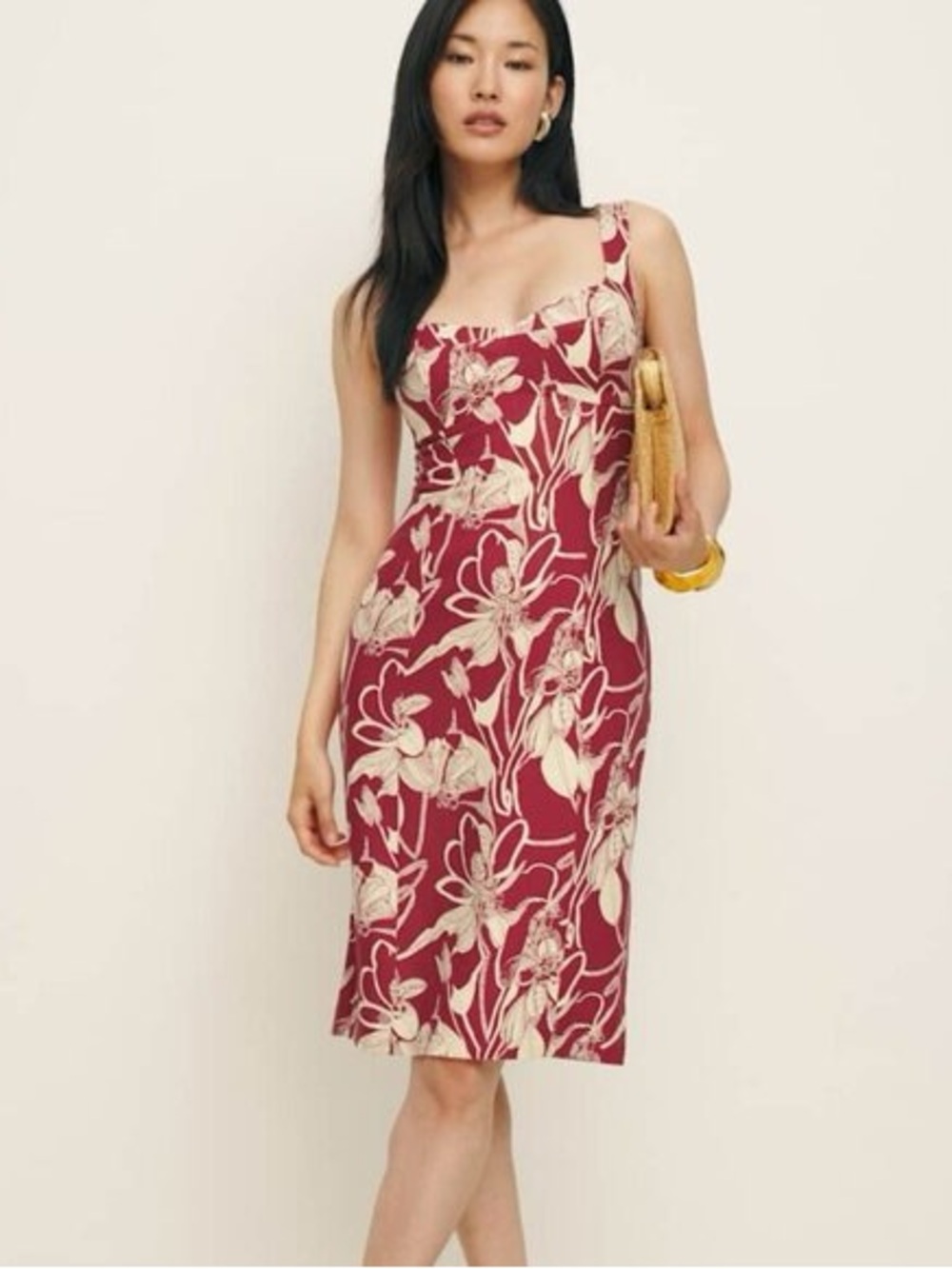 Reformation Thea Linen Red Floral Square-Neck Midi Dress